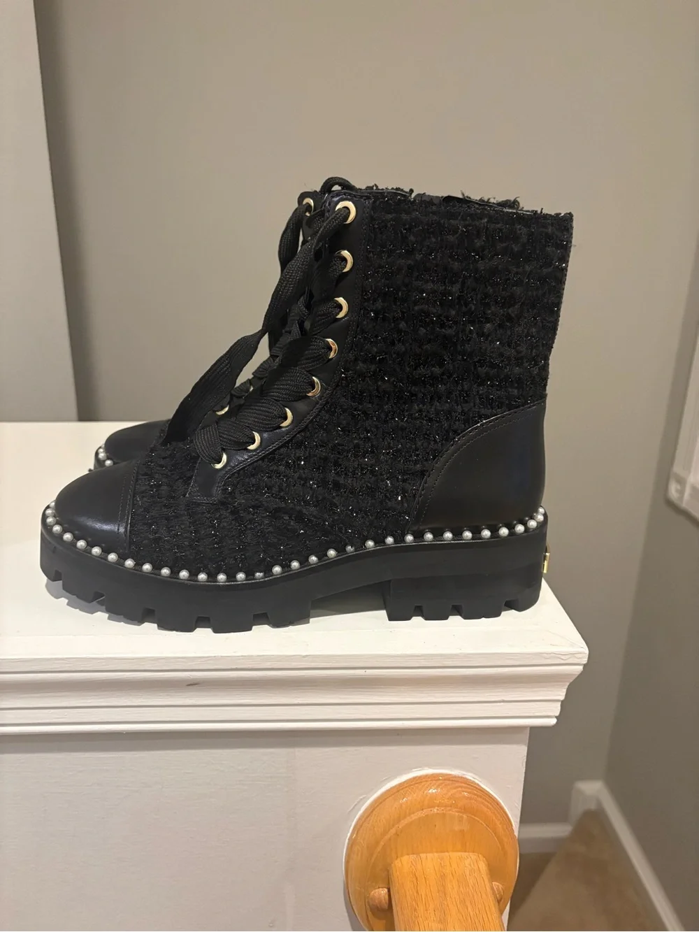 Kate Spade Black Women's Lace-Up Pearl-Trim Combat Boot